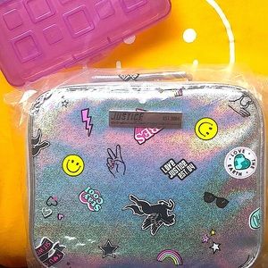 JUSTICE Lunch Pail Bag + purple pencil holder LOT New NWT Holographic Print